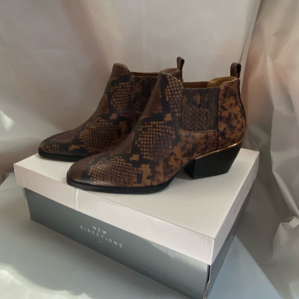 New Directions Dark Brown Snake Print Ankle Booties
